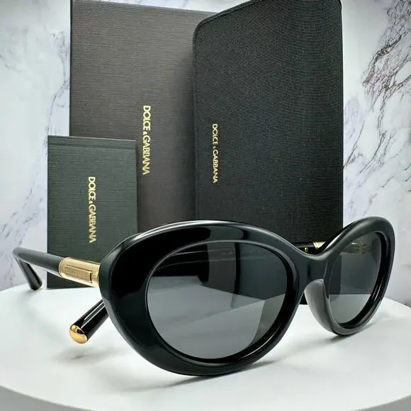 New Dolce & Gabbana Sunglasses Black Oval Cat Eye Gold Metal Logo 54-18 - Picture 1 of 16